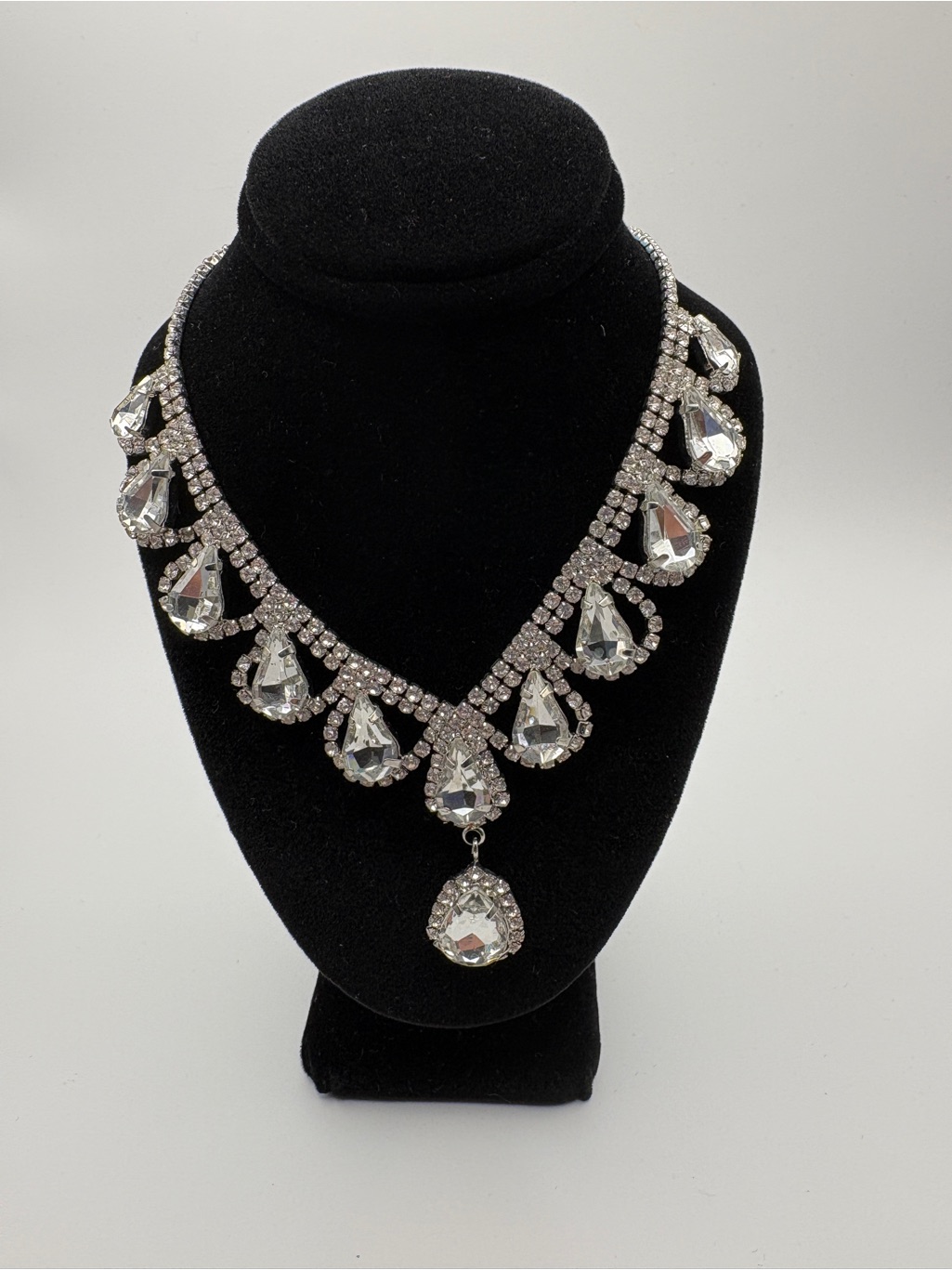 Crystal Teardrop Statement Necklace - Clear Rhinestone Bridal Choker